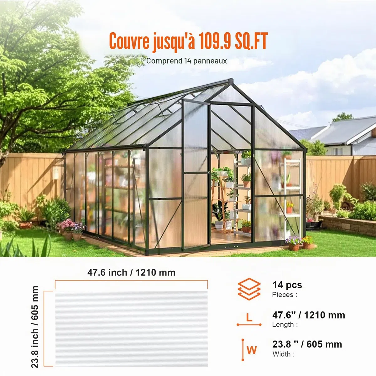 VEVOR Plaque en Polycarbonate, 1210x605x4 mm, Panneaux de Toit en Feuilles, Lot de 14, Toiture Plastique Ondulé Imperméable, Protection Contre UV, Transparent, Résistant aux Chocs, pour Serre, Jardin