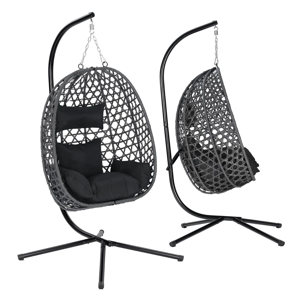 WOLTU Fauteuil Œuf Suspendu, Chaise Hamac Balançoire, avec Support en Métal, Coussin de Siège et Appui-tête, Charge 150 kg, Rotin PE, pour Jardin, Balcon, Terrasse, 102x100x196cm, Noir
