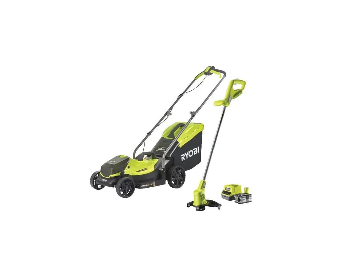 Tondeuse RYOBI 18V One+ RLM18X33B40 avec Batterie 4.0Ah et Chargeur, Coupe-Bordures Offert - Largeur de Coupe 33cm, Bac 35L, Idéale pour Jardins jusqu'à 200m².