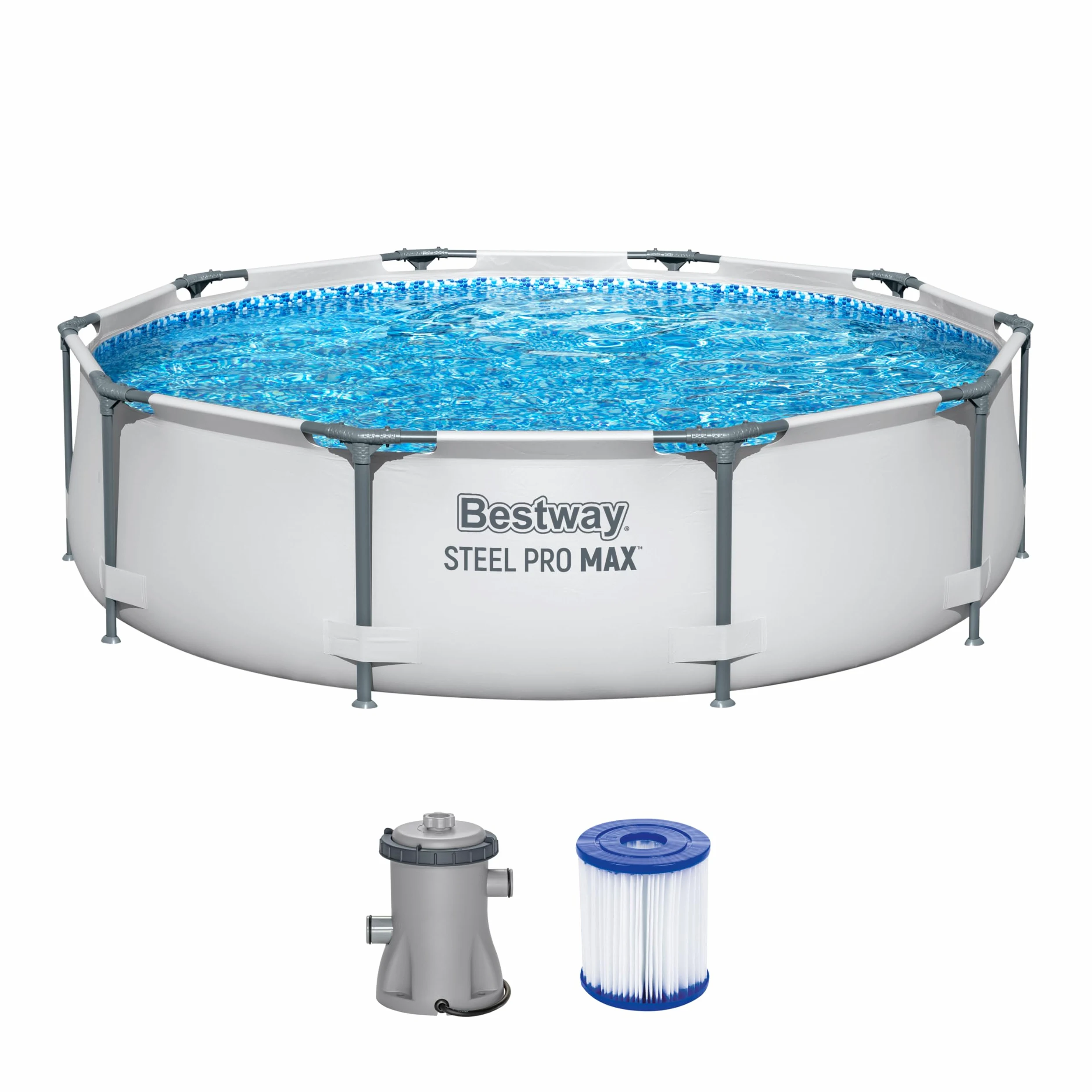 Bestway Steel Pro Max Frame Kit Piscine avec Pompe à Filtre Ø 305 x 76 cm, Gris Clair, Rond