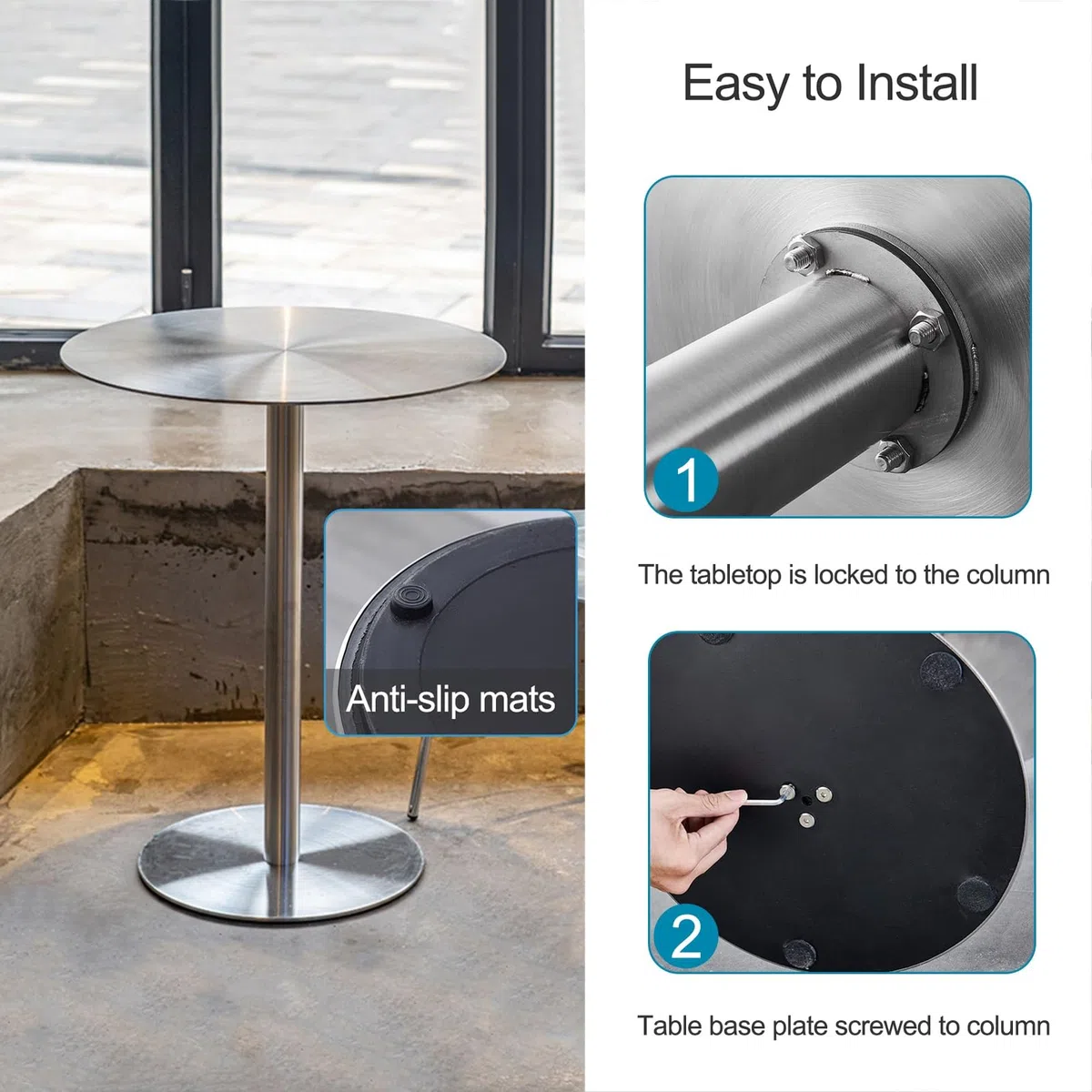 Table de bar ronde avec plateau en acier inoxydable argenté et base robuste, grande table ronde pour bar à cocktails, pub, café, thé, salle à manger, bistro, table d'extérieur/table d'appoint/patio, b