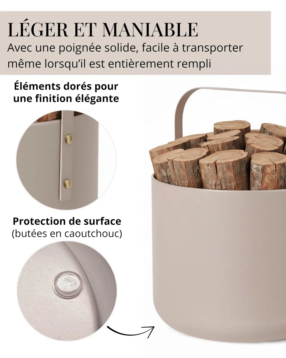 LIVLIG Panier à bûches métal design 36 x 44 cm beige mat - Accessoire cheminée rangement