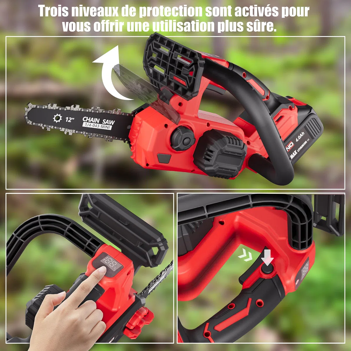 Tronçonneuse à Batterie 12 Pouces, Tronçonneuse Électrique sans Fil avec Moteur Brushless 1200W, 2 Batteries 4.0Ah & Chargeur, Graissage Automatique, Tension de Chaîne sans Outil, Élagage & Coupe