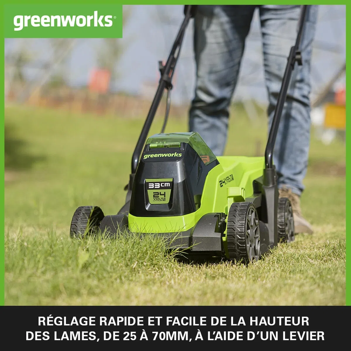 Greenworks GD24LM33K2 Tondeuse à Gazon Sans Fil avec Moteur Sans Brosse pour Petites Pelouses Jusqu'à 140m², Largeur de Coupe 33 cm, Sac de 30L, INCLUS Batterie 24V 2Ah et Chargeur, Garantie 3 Ans