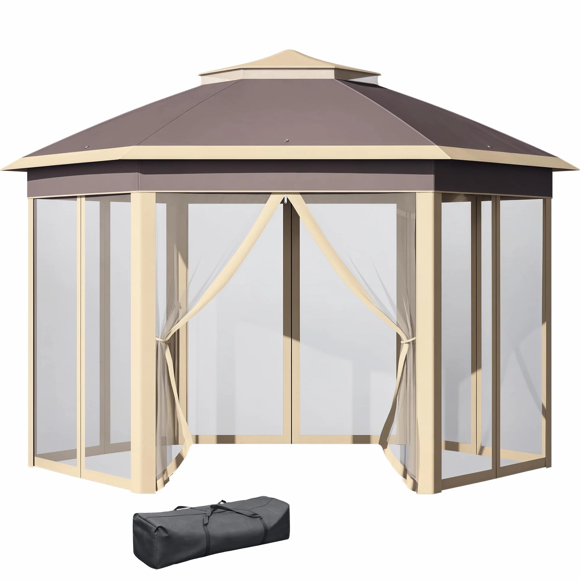 Outsunny Tonnelle Pliable 4x3,4x2,85 m Pavillon de Jardin Hexagonal avec Double Toit 6 Moustiquaires Démontables Sac de Transport Hauteur Ajustable sur 3 Niveaux et Anti-UV Gazebo pour Fête Patio