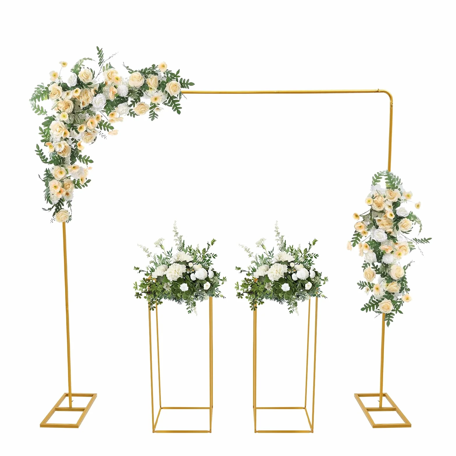 Arche de mariage en métal de 2 x 2 m - Avec 2 supports de fleurs de 80 cm de haut - Support pour ballons - Support de fond pour mariages, fêtes d'anniversaire, banquets - Doré