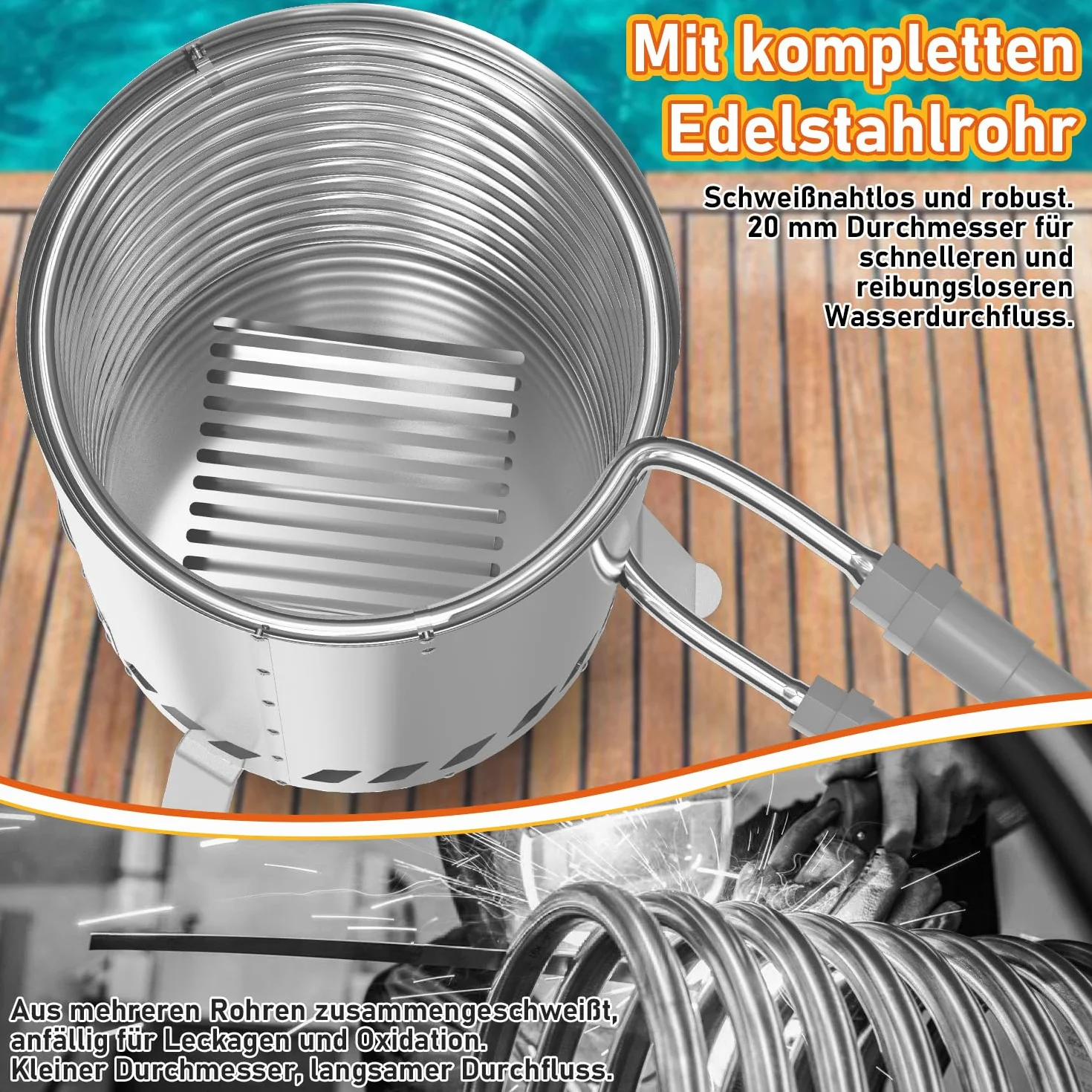 Daromigo Chauffage de Piscine avec Spirale chauffante, raccordement 32/38 mm, Acier Inoxydable