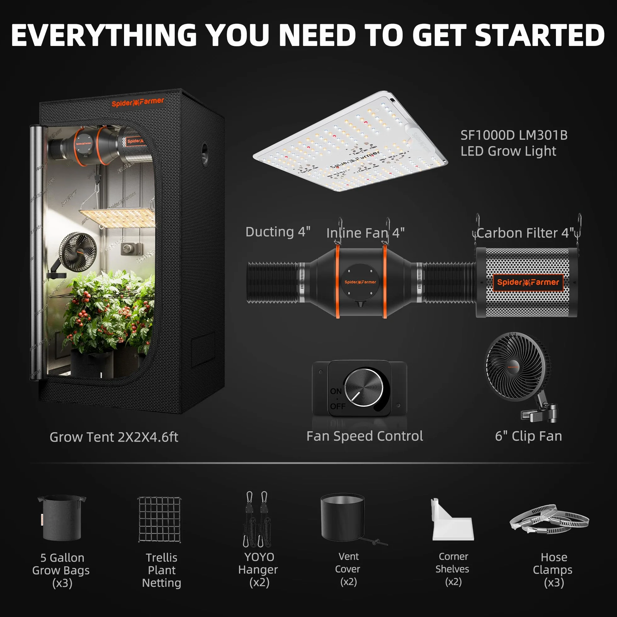 SPIDER FARMER SF1000D Kit Complet Lampe de Culture LED Plein Spectre Samsung LM301B 60x60x140cm Tente 1680D Hydroponique Système d'aération
