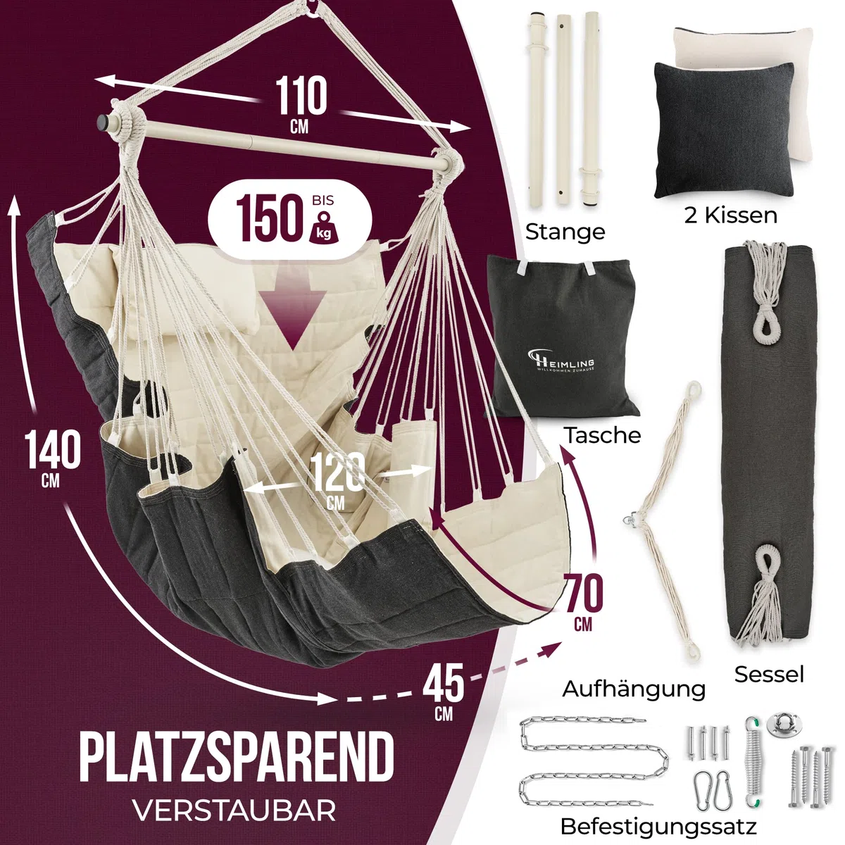 Heimling Fauteuil suspendu XXL haut de gamme pour intérieur et extérieur Paquet tout compris avec suspension + 3 coussins Salon, chambre à coucher
