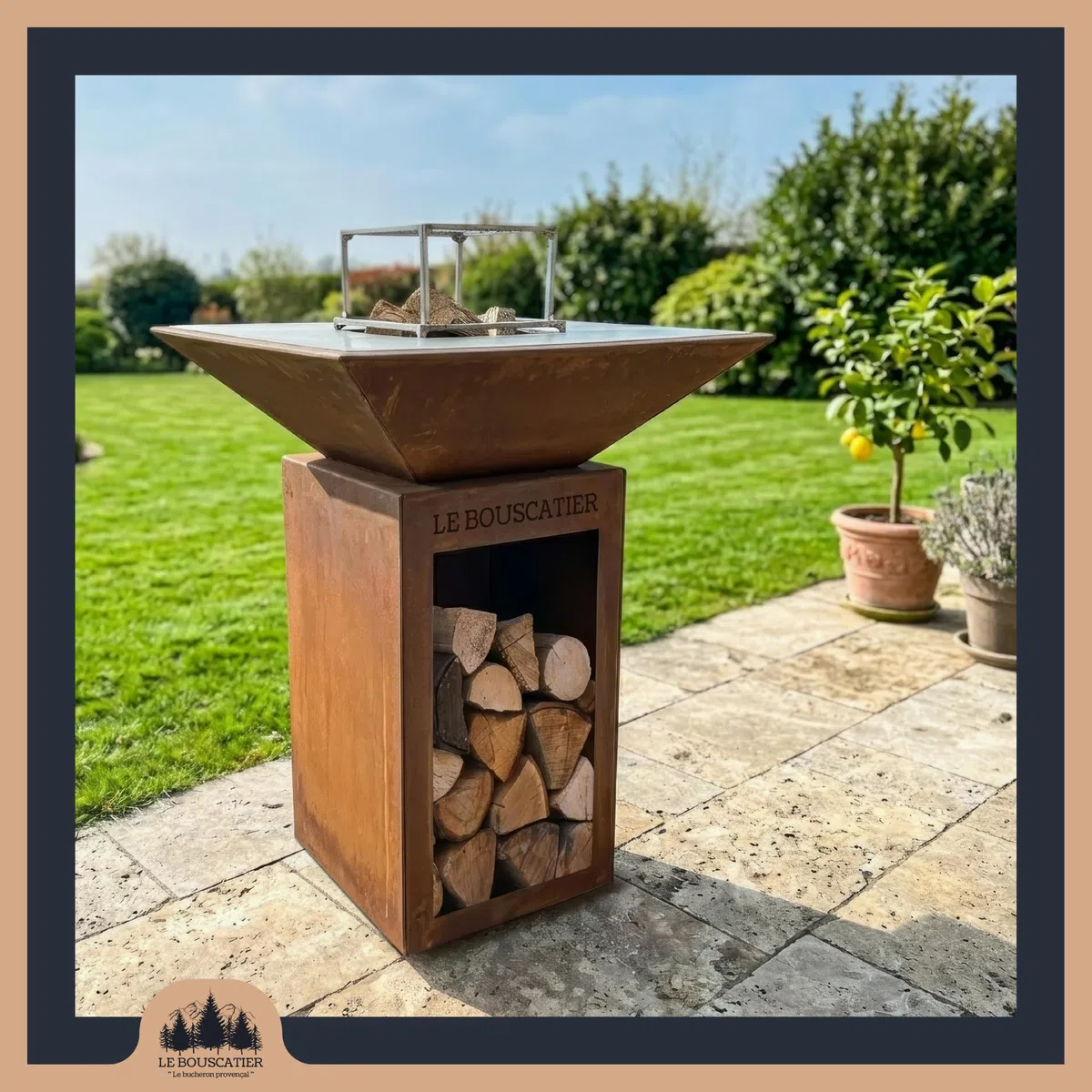 Brasero Plancha Acier Corten Barbecue Exterieur avec Rangement Bûches Grille Cuisson Stop Food Inclus