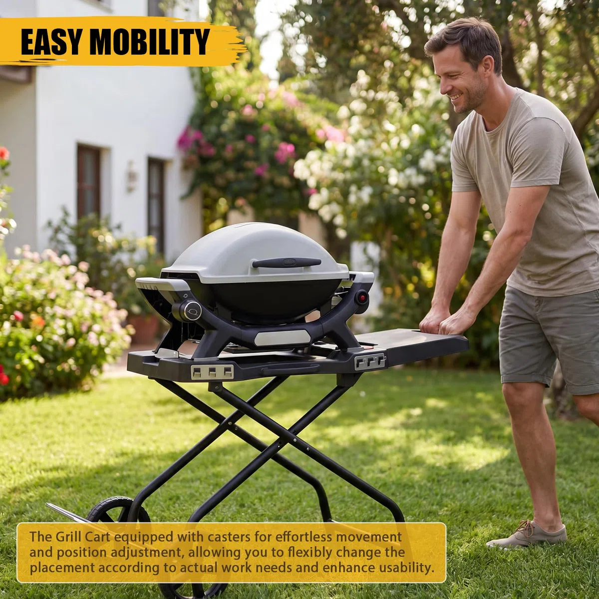 GFTIME Chariot pour Weber Q1000, Q2000 barbecues à gaz, chariot de grill pour Blackstone 43/56cm, support de barbecue extérieur, chariot de service pour barbecue pour Weber Q1200, Q1400, Q2200, Q2400.