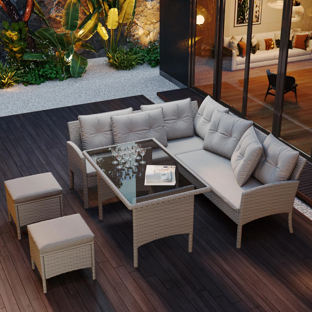 Salon de Jardin Exterieur 7 Personnes en Poly Rotin avec Table Coussin en Verre Trempé, Canapé d'angle Modulable, Housse Démontable, Ensemble Mobilier de Terrasse