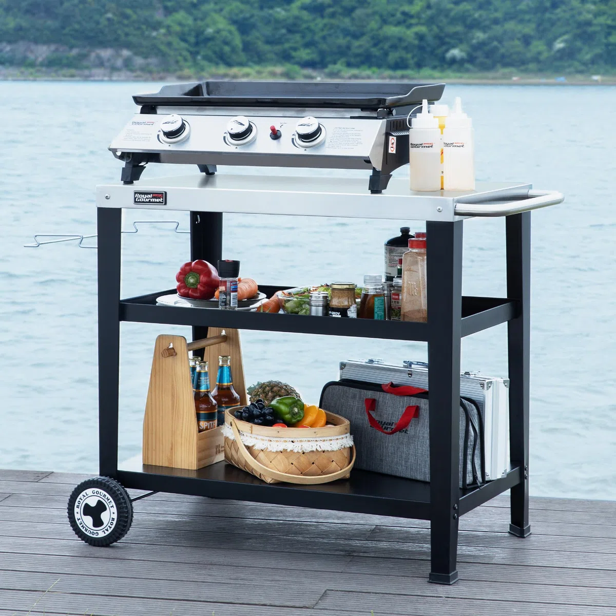 Royal Gourmet 3 Étagères Desserte pour Plancha, Chariot pour Barbecue avec Plan de Travail en Acier Inoxydable et Support de Sac à Ordures Détachable, Dessus de Table 85 x 50 cm