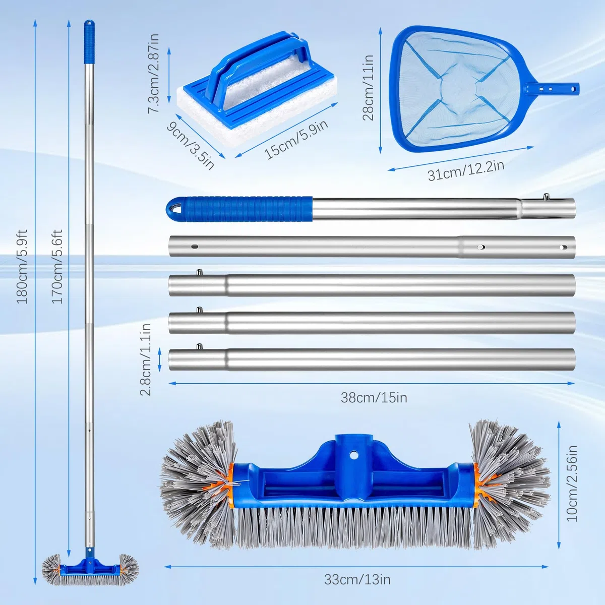 Balai Brosse Piscine Épuisette Piscine Kit de Nettoyage de, 2 Brosse Éponge, Brosse de avec Extrémités Rondes avec 170CM Télescopique Réglable pour Nettoyer la Fontaine Bassins