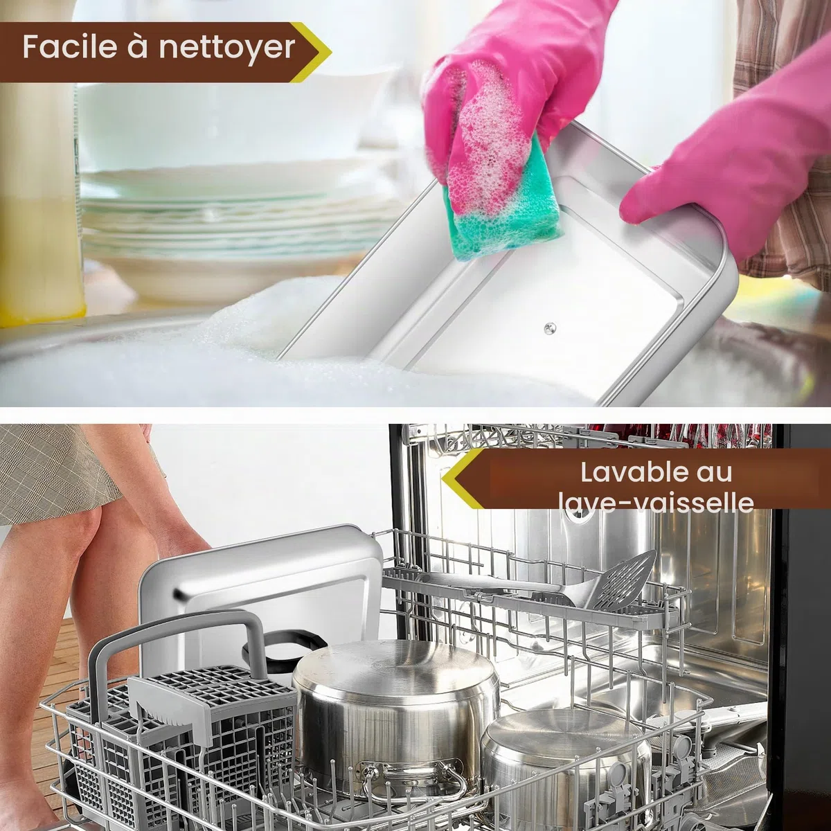 Herogo Lot de 2 bombes de cuisson rectangulaires en acier inoxydable avec poignée résistante à la chaleur, idéales pour barbecue, grill à dessus plat, passe au lave-vaisselle, Argenté.