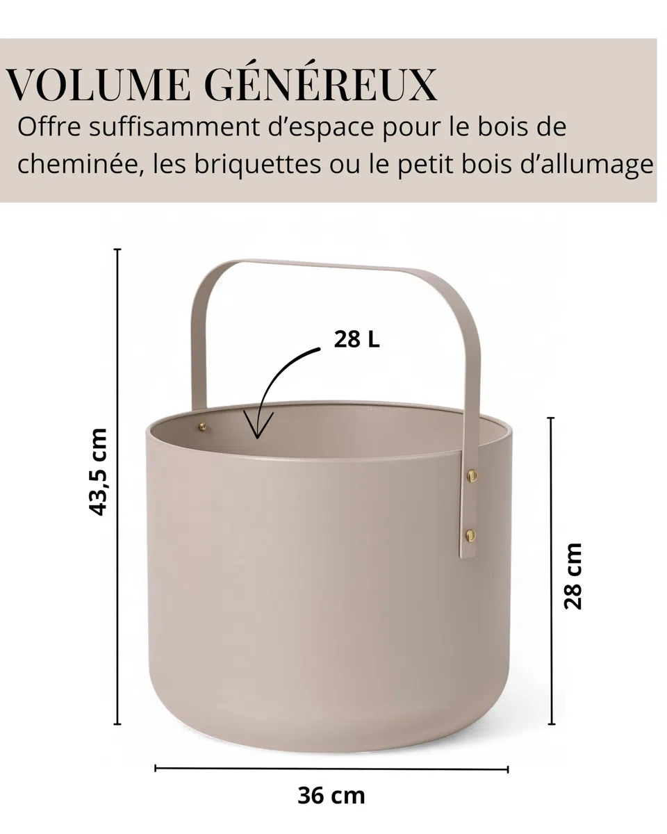 LIVLIG Panier à bûches métal design 36 x 44 cm beige mat - Accessoire cheminée rangement