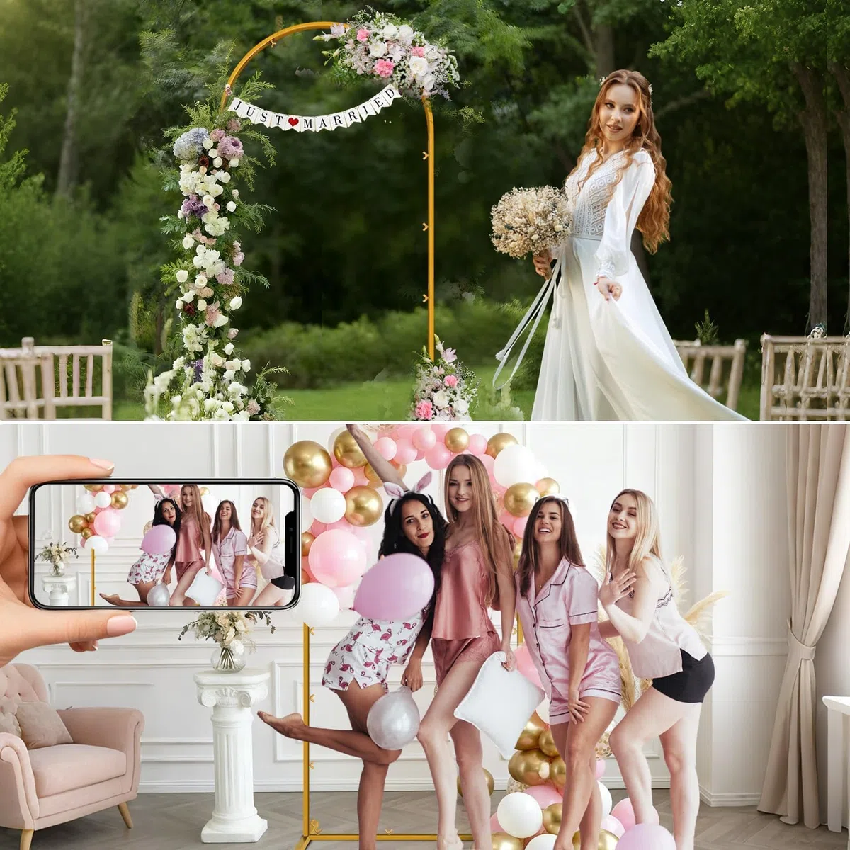 2m Support pour Arche de Mariage, Arche métallique dorée avec Sac de Rangement pour cérémonie de Mariage,fête d'anniversaire,photobooth,décoration d'arceaux Floraux et de Ballons(1 x 2 m(L x H))
