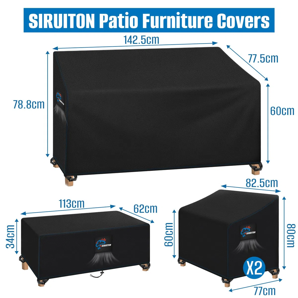 SIRUTON Housse De Meubles De Patio 4 Pièces Véranda Extérieure Ensemble De Housses De Meubles De Jardin De Patio Étanche Meubles Housse, Meubles Bâche Salon de Jardin Imperméable Anti-UV, Noir