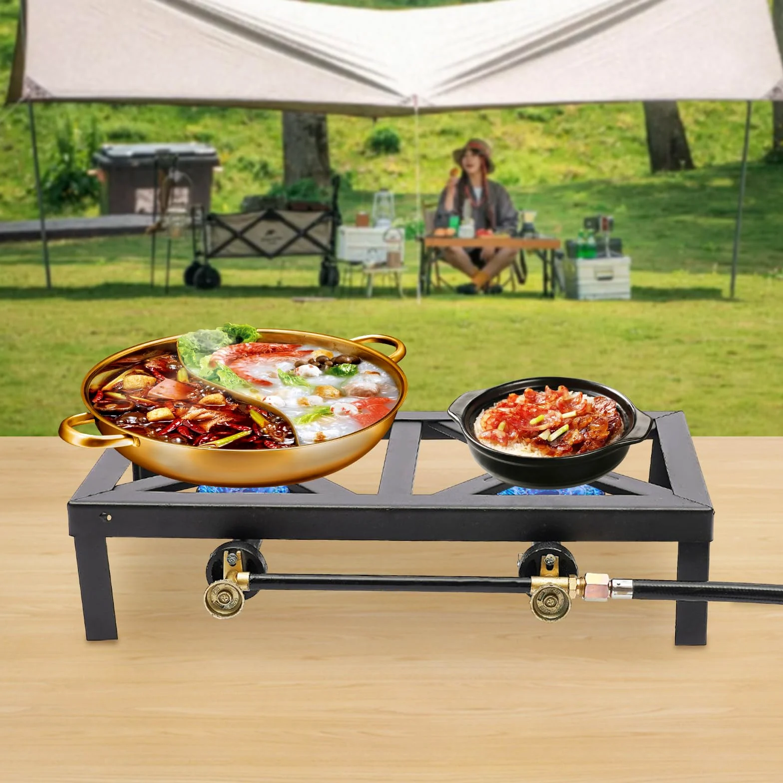 Réchaud à gaz extérieur 48x25x11cm Noir Réchaud à gaz sur Pied 8000W Double brûleur en Fonte avec régulateur Tuyau, Barbecue à gaz Portable pour Camping Jardin BBQ Pieds Fixes Portable Léger ‎