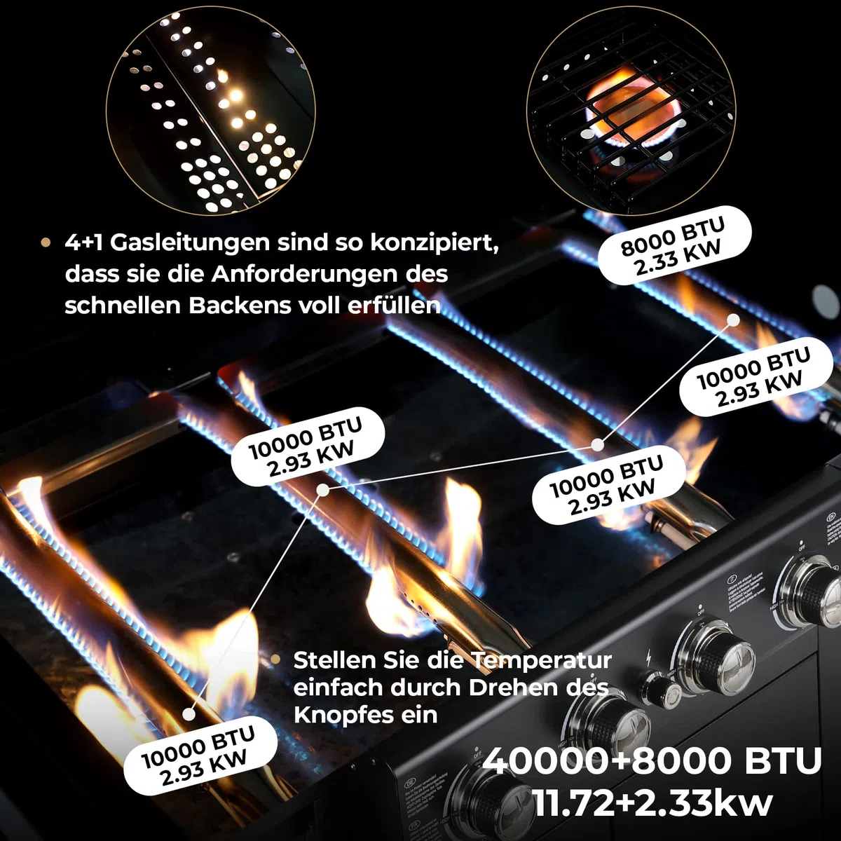 Barbecue Gaz sur Chariot 4+1 Brûleurs 14.05KW avec Plaque Latérale, Thermomètre, Allumage par Impulsion