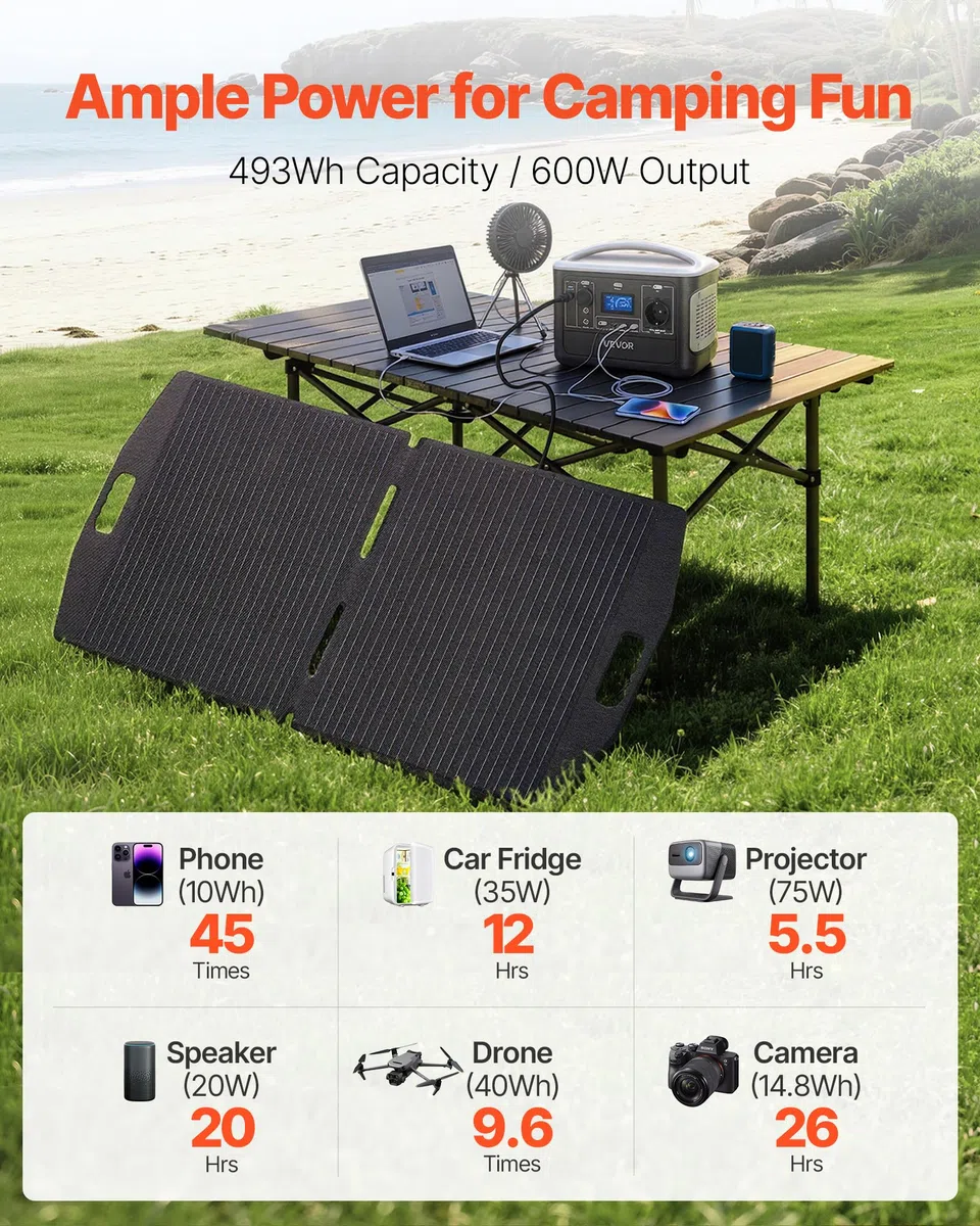 VEVOR Station Électrique Portable 600 W Générateur Solaire Portable Panneau Solaire 100 W Batterie Secours LiFePO4 493 Wh pour Urgence Domestique, Camping, Voyage Camping-car, avec 7 Ports de Sortie