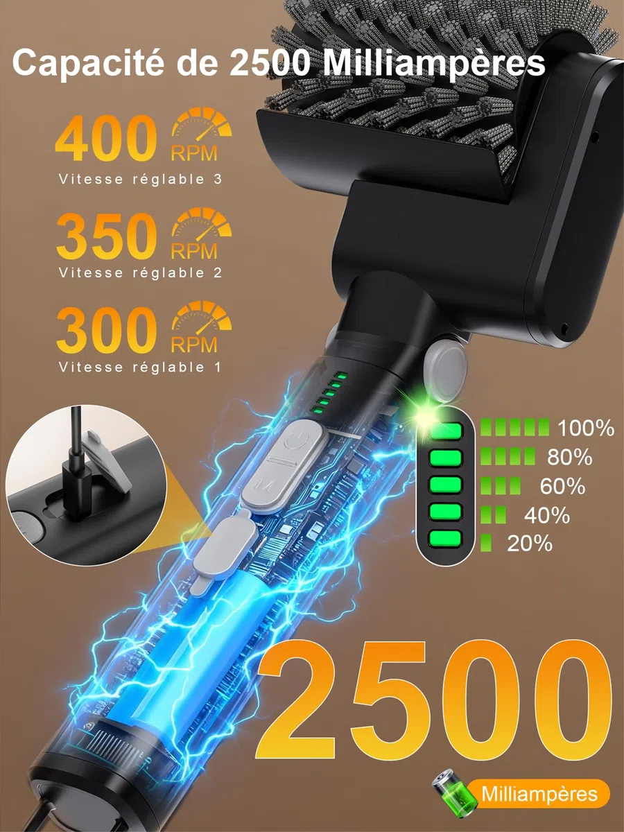 Brosse de Gril Électrique Rechargeable sans Fil, Contrôle de Puissance 3 Vitesses, 2 Têtes de Brosse