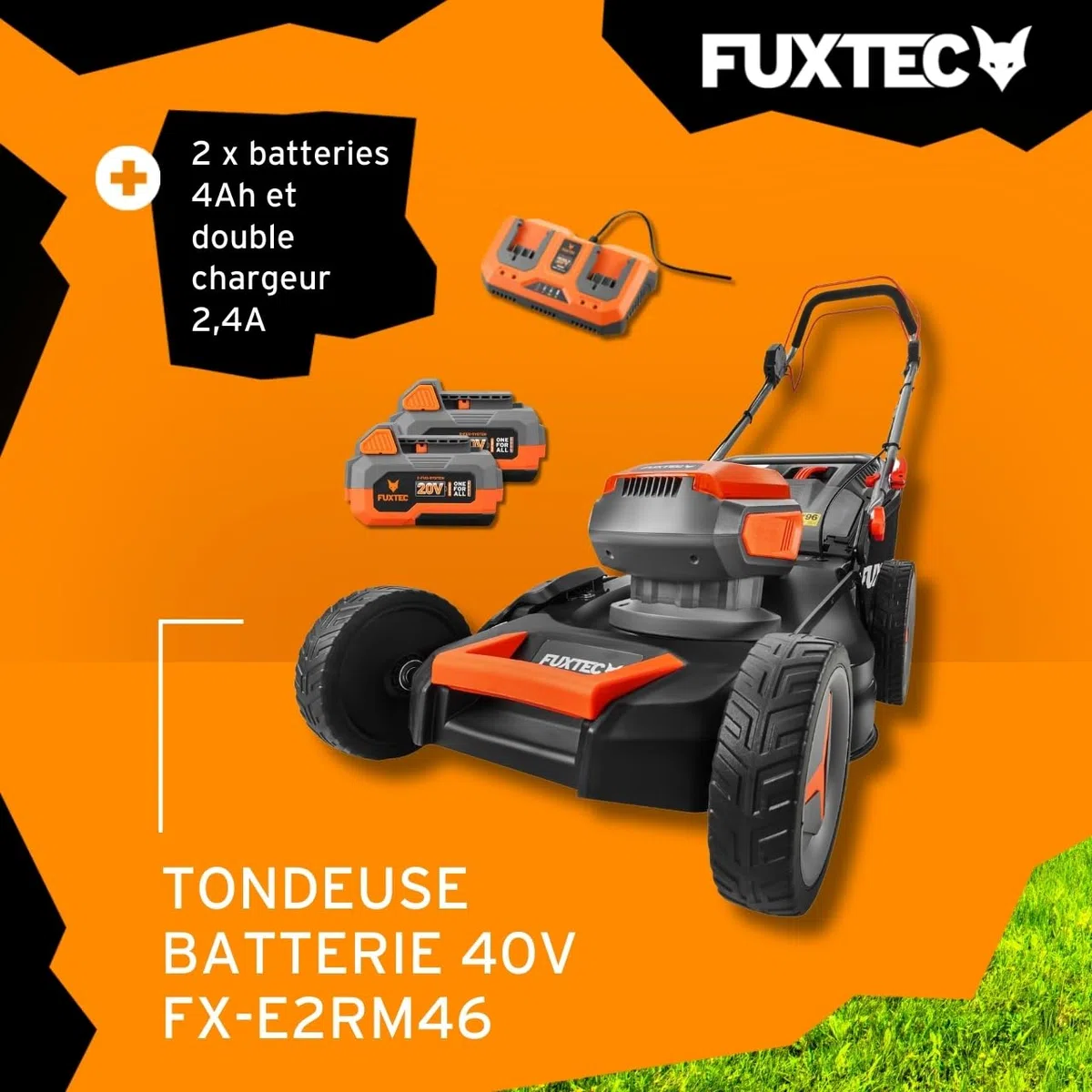 FUXTEC Tondeuse à Gazon sans Fil 40V FX-E2RM46 • Autotractée avec 2 Batteries 4Ah et Double Chargeur • Coupe 46 cm • Mulching et Éjection Latérale • Bac 50L • Hauteur de Coupe 25–75 mm