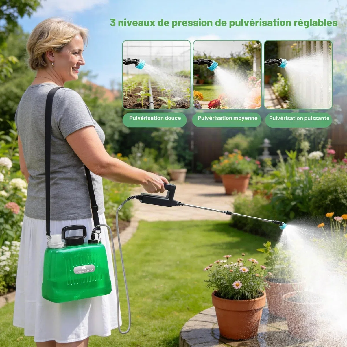 SideKing Pulvérisateur Électrique 8L, Pulverisateur de Jardin, Poignée 3 Vitesses Réglables, 4 Buses, Lance Télescopique, Pulvérisateur à Batterie pour Désherbage, Pelouse, Allée - Vert Transparent