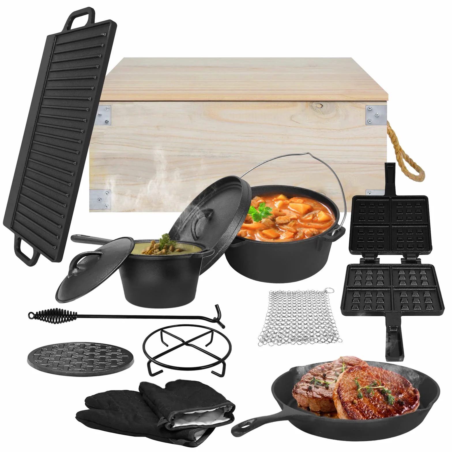 UISEBRT Dutch Oven Set 12 pièces dans une boîte en bois Four Néerlandais - Beaucoup d'accessoires en fonte déjà brûlée- Avec Dutch Oven, plaque de barbecue, Poignée, Support