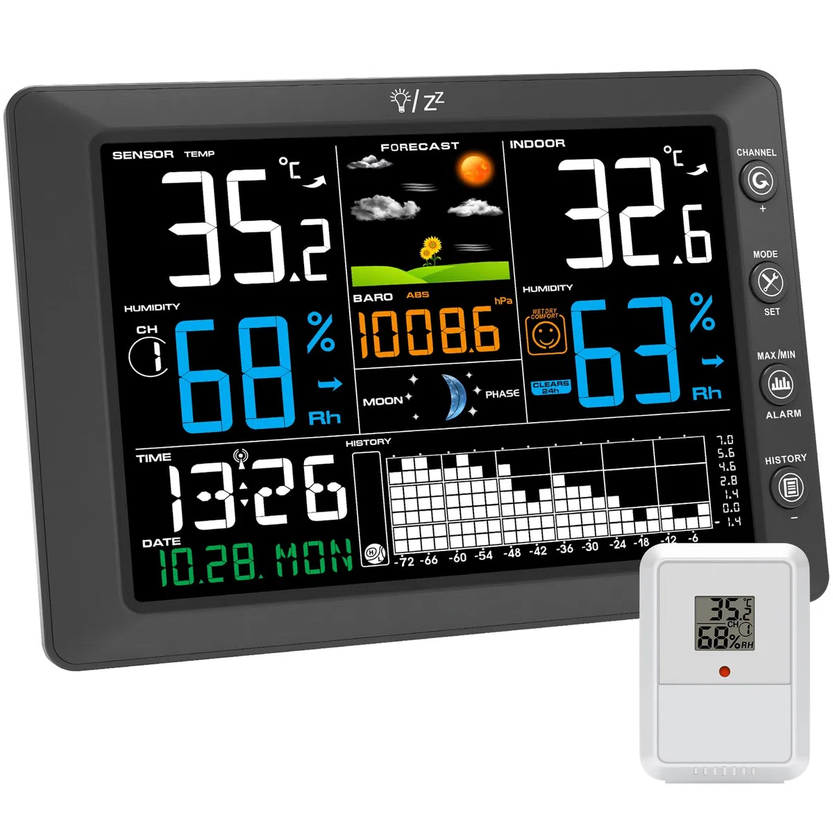 Urageuxy Station Meteo Sans Fil avec Capteur Extérieur Grand Écran Couleur, Thermomètre Intérieur Extérieur, Hygromètre, Prévisions Météo, Portée 100M, Pression Atmosphérique, Radio-Réveil DCF, Alarme