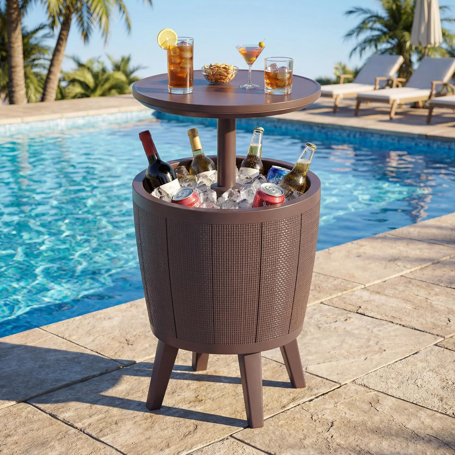 COSTWAY Table Glacière 38L 2 en 1 avec Plateau Relevable, Seau à Glace d'Extérieur avec Bouchon de Vidange, Ø 49 x 59/84 cm Marron