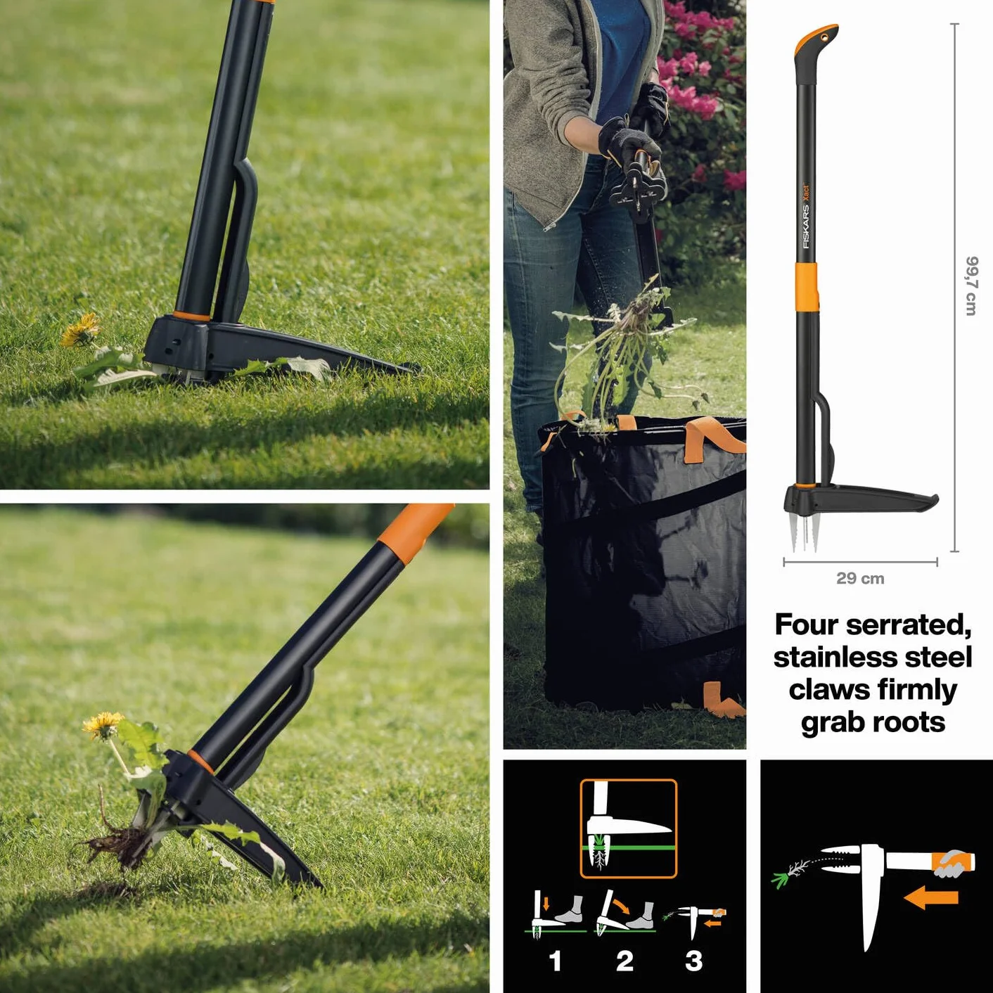 Fiskars Désherbeur Xact, longueur : 1 m, bras en acier inoxydable/poignée en plastique, noir/orange, emballage carton individuel, 1077305