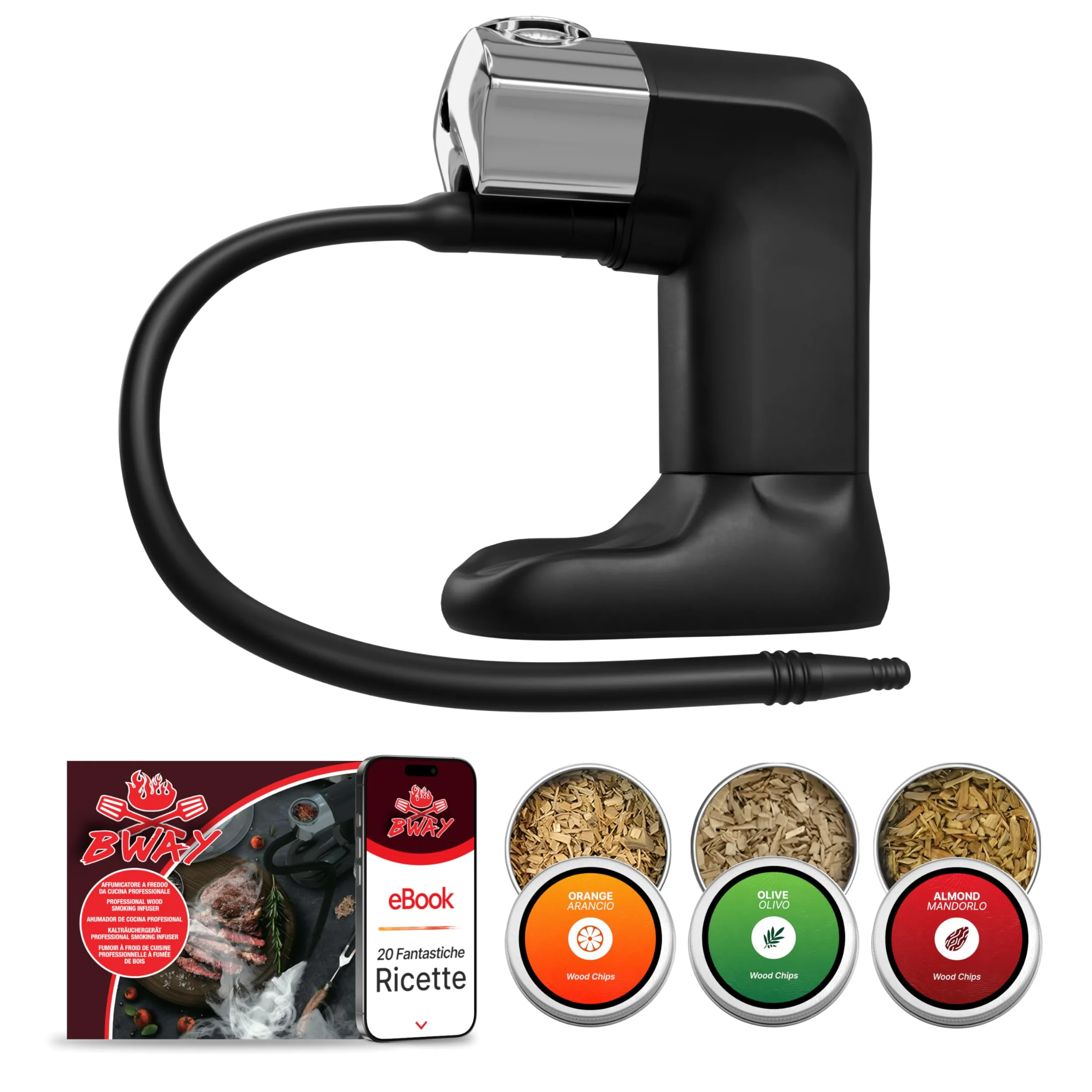 BWAY Fumoir a Froid – Pistolet Fumée Professionnel avec 3 Sachets de Copeaux de Bois et eBook 20 Recettes