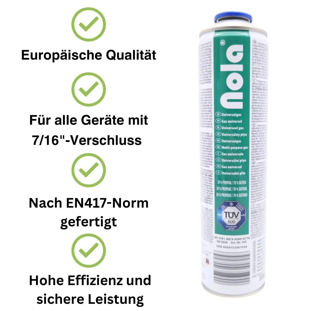 NOLA Lot de 4 cartouches de gaz universelles de 600 ml (338 g) – 70 % butane / 30 % propane – Valve à vis EN417 – Gaz de camping pour désherbeur, chalumeau, réchaud à gaz, barbecue à gaz et