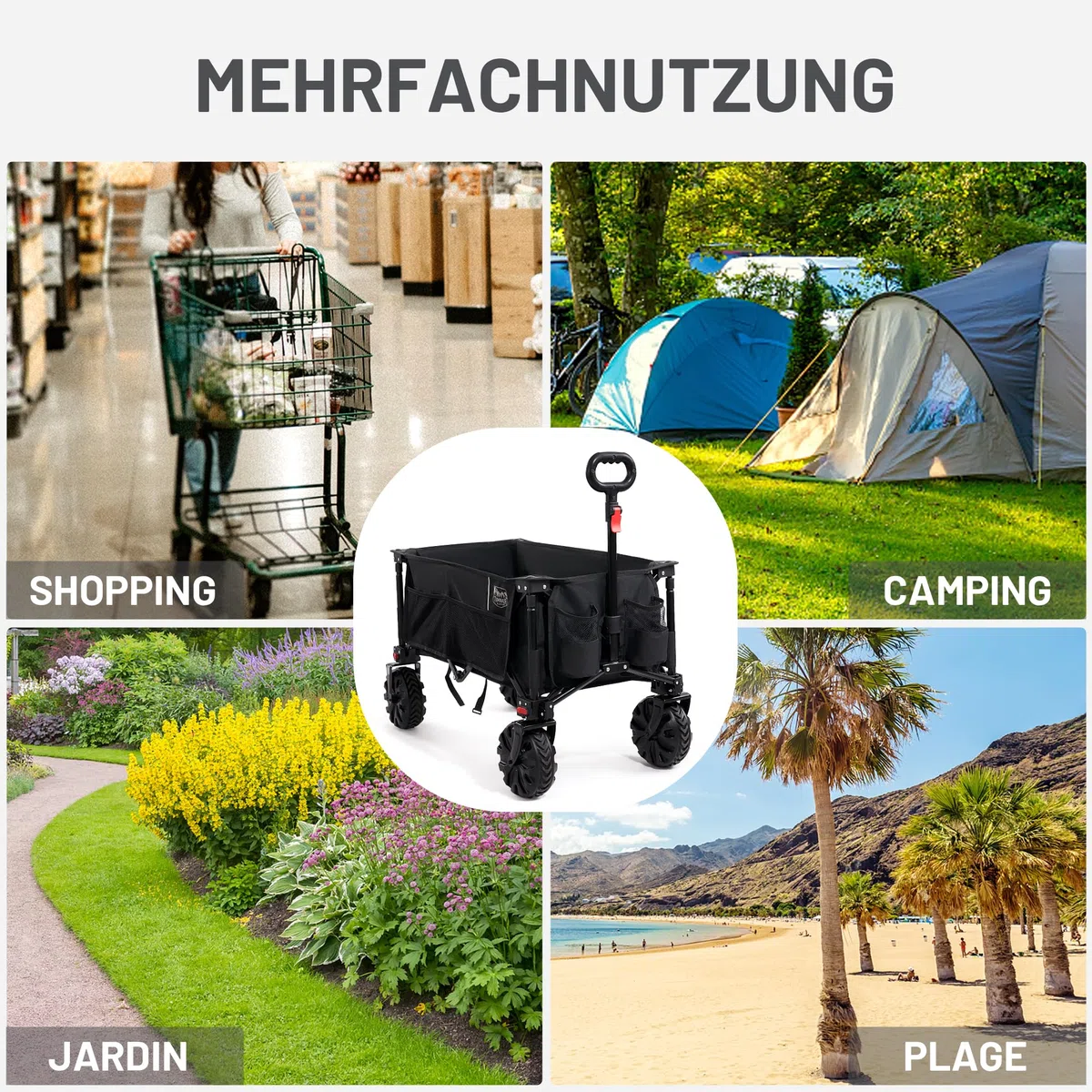 TIMBER RIDGE XXL Chariot de Transport Pliable avec Frein Chariot Plage à roulettes Tout Terrain Roues Amovibles Poignée Réglable Poche Latérale pour Jardin Plage Camping Pique-Nique BBQ Match