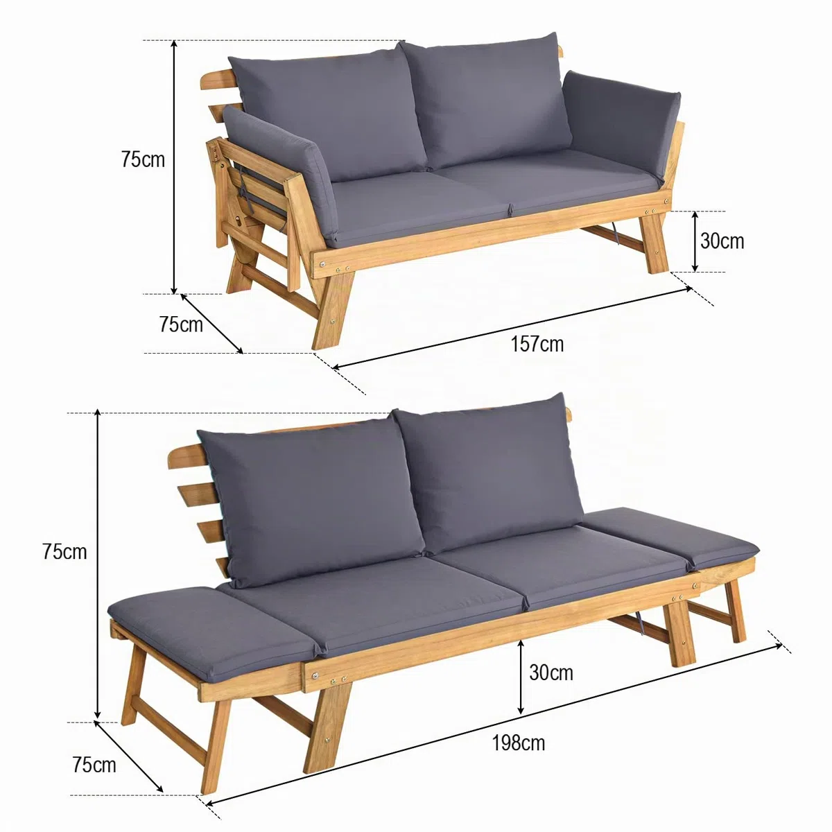 KOMFOTTEU Canapé de Jardin en Bois d'acacia, 2 Places, Sofa de Jardin avec Accoudoirs Inclinables, Canapé d'Extérieur avec Coussin, 157-198 x 75 x 75 cm, pour Terrasse, Balcon, Cour (Gris)