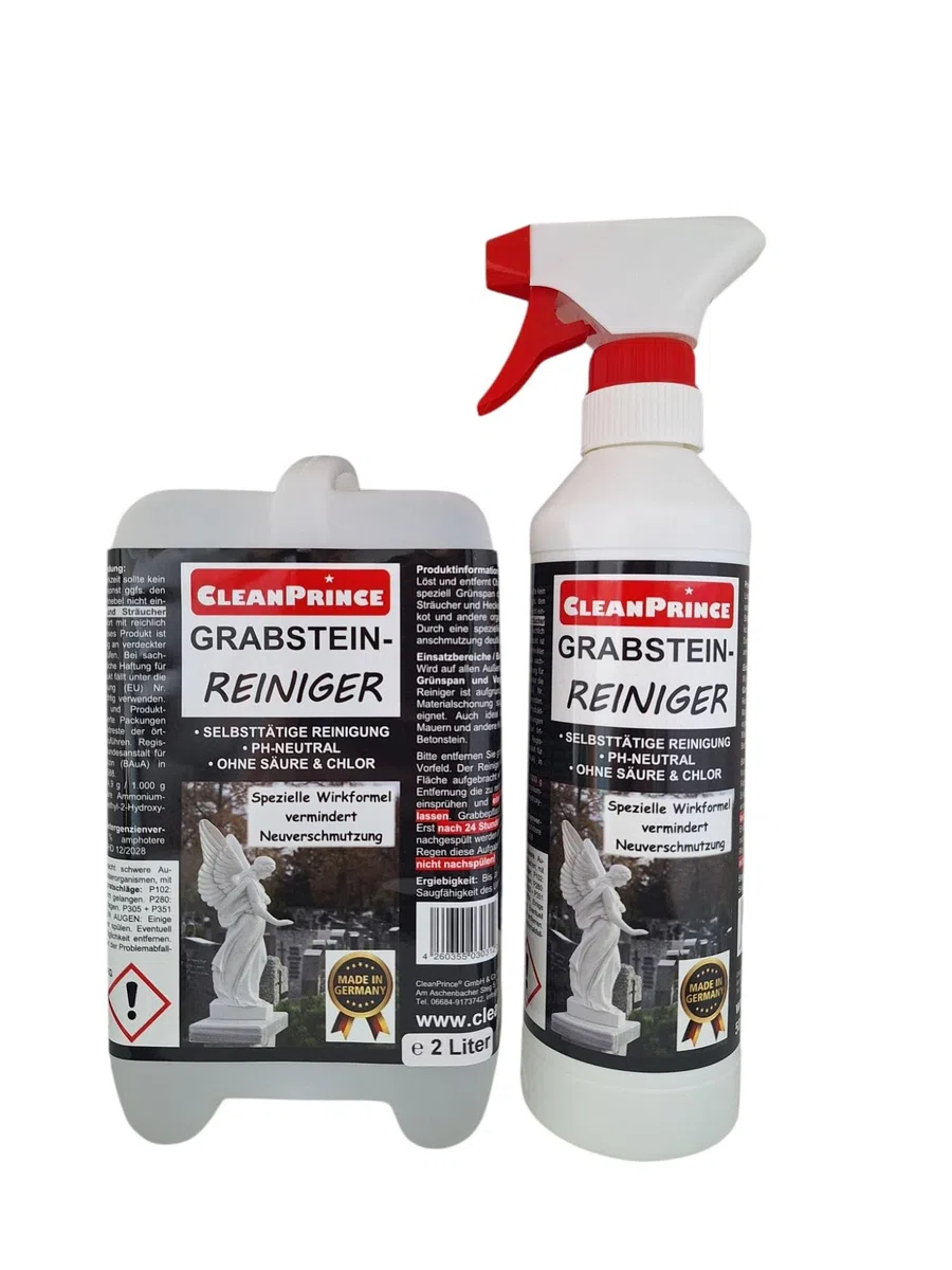Cleanprince Nettoyant de Pierre Tombale Tombe 2.500 ML 2,5 Litre Anti Mousses Dissolvant Algues Naturelle Fientes D'Oiseaux Nettoyeur Produit Vert De Gris Nettoyage Tombale Nettoyer Nettoyeur Tombeau