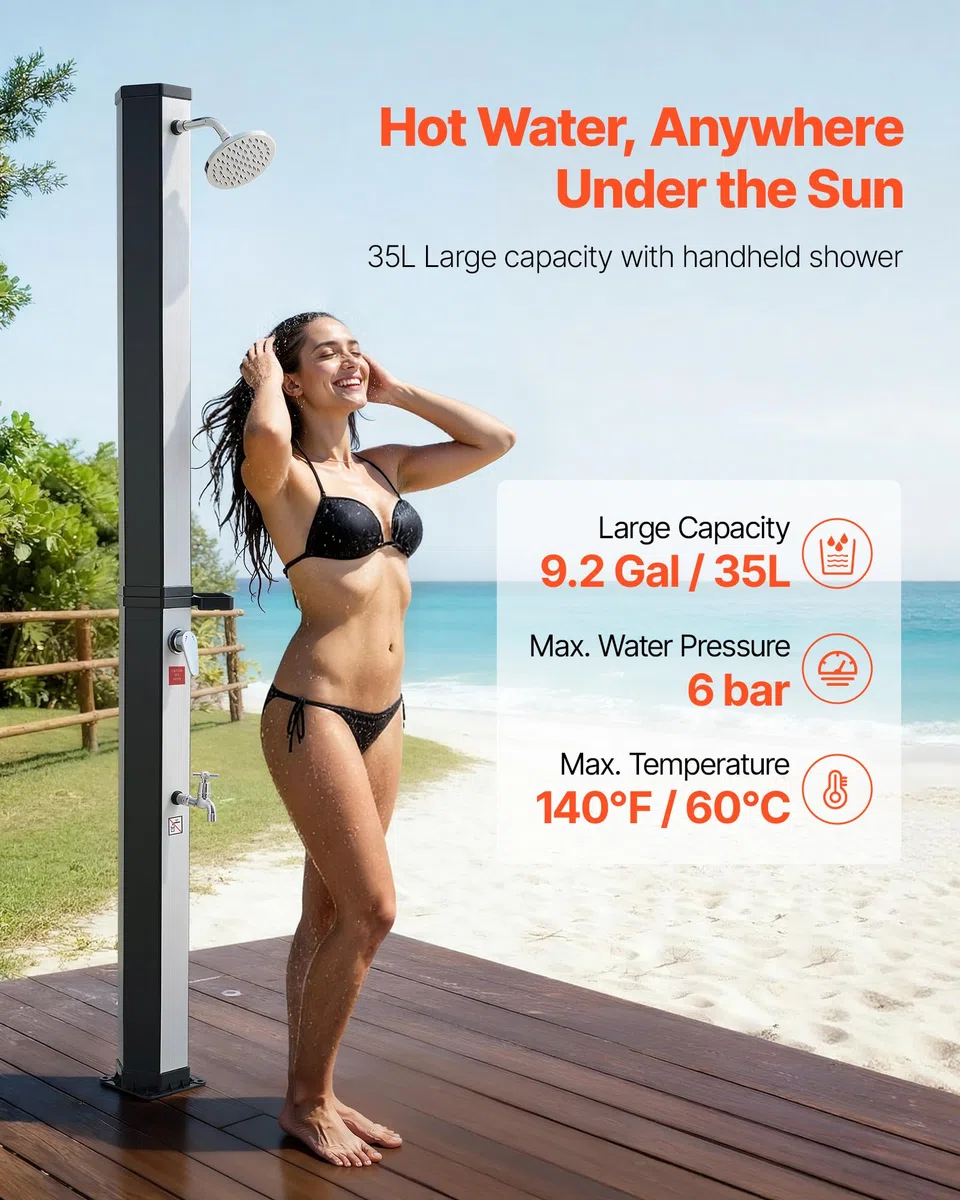 VEVOR Douche Solaire 35 L Douche Extérieur Solaire Autoportante pour Jardin Piscine Plage, Hauteur Pommeau 1,95 m, avec Robinet Lavage des Pieds, Porte-Savon, Réglage Eau Chaude Froide, Noir Argenté