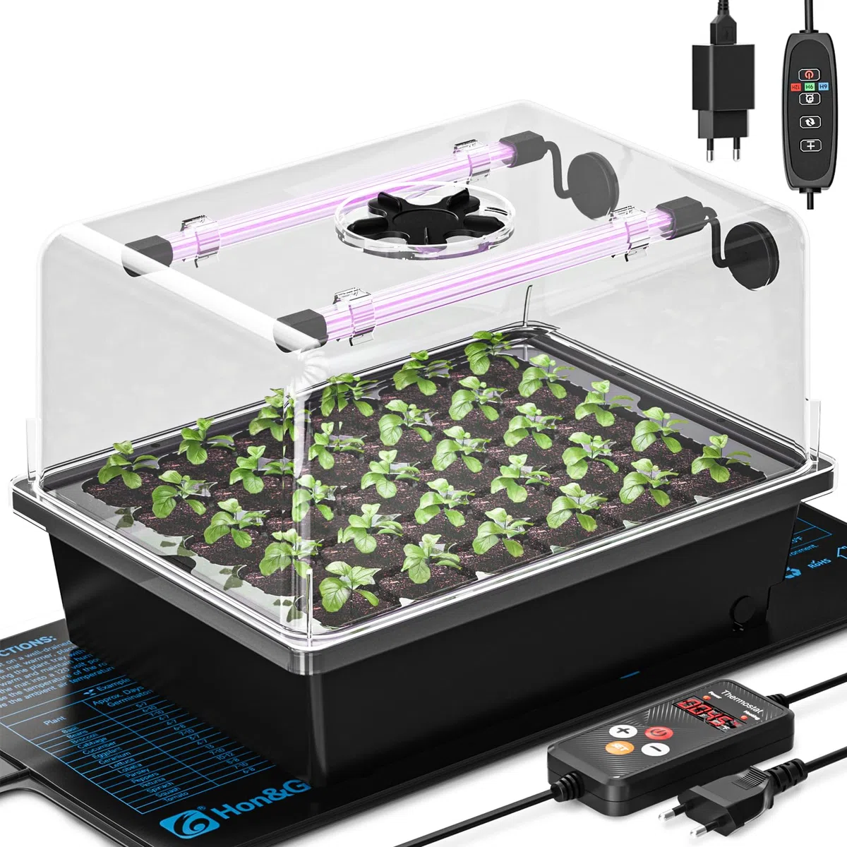 Hon&Guan Serre de pièce, jardinière avec lampe de plante, tapis chauffant thermostat, mini serre épaissie, kit de culture avec minuterie, luminosité réglable