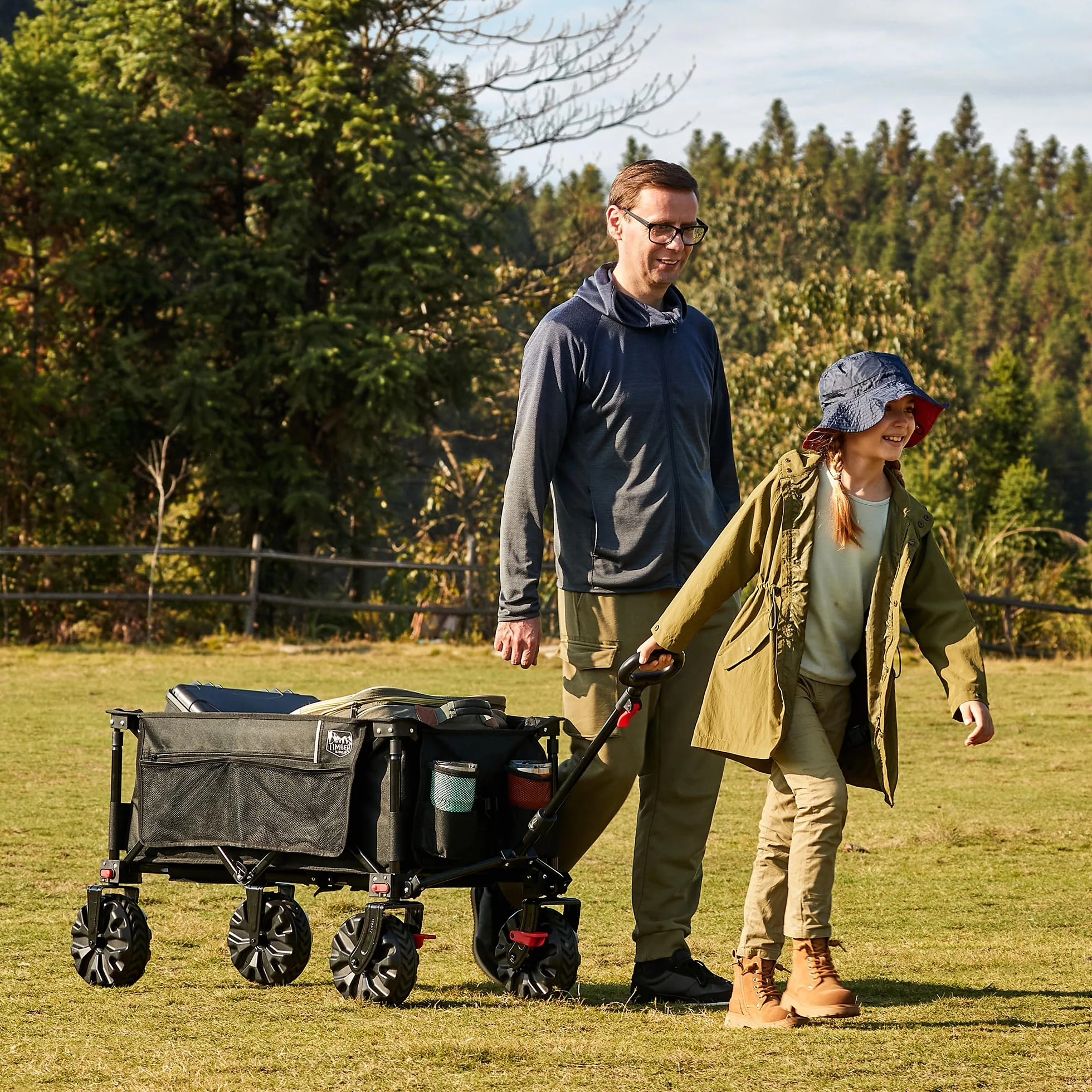 TIMBER RIDGE XXL Chariot de Transport Pliable avec Frein Chariot Plage à roulettes Tout Terrain Roues Amovibles Poignée Réglable Poche Latérale pour Jardin Plage Camping Pique-Nique BBQ Match