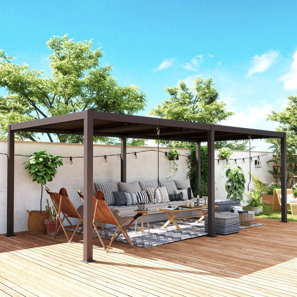 Outsunny Pergola bioclimatique 3 x 6 m, pergola Jardin extérieur avec persiennes manivelle Toit réglable en Aluminium et Crochets, tonnelle de Jardin, terrasse, Patio, Gris foncé