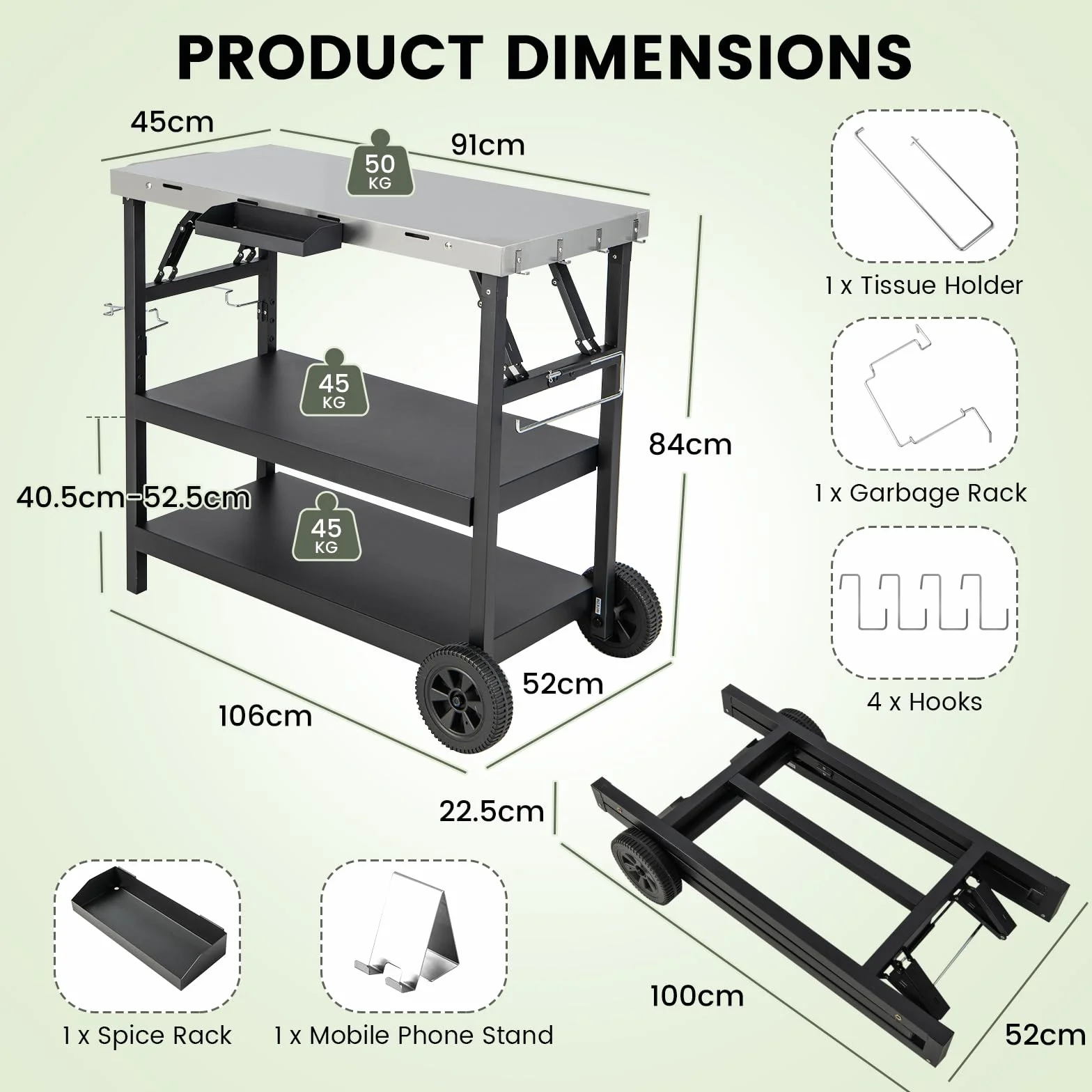 KOMFOTTEU Chariot pour Barbecue avec 3 Étagères, Desserte de Jardin Pliable avec Porte-Serviettes, Crochets et Étagère à Épices, Desserte d’Extérieur, 106 x 52 x 84 cm, Noir