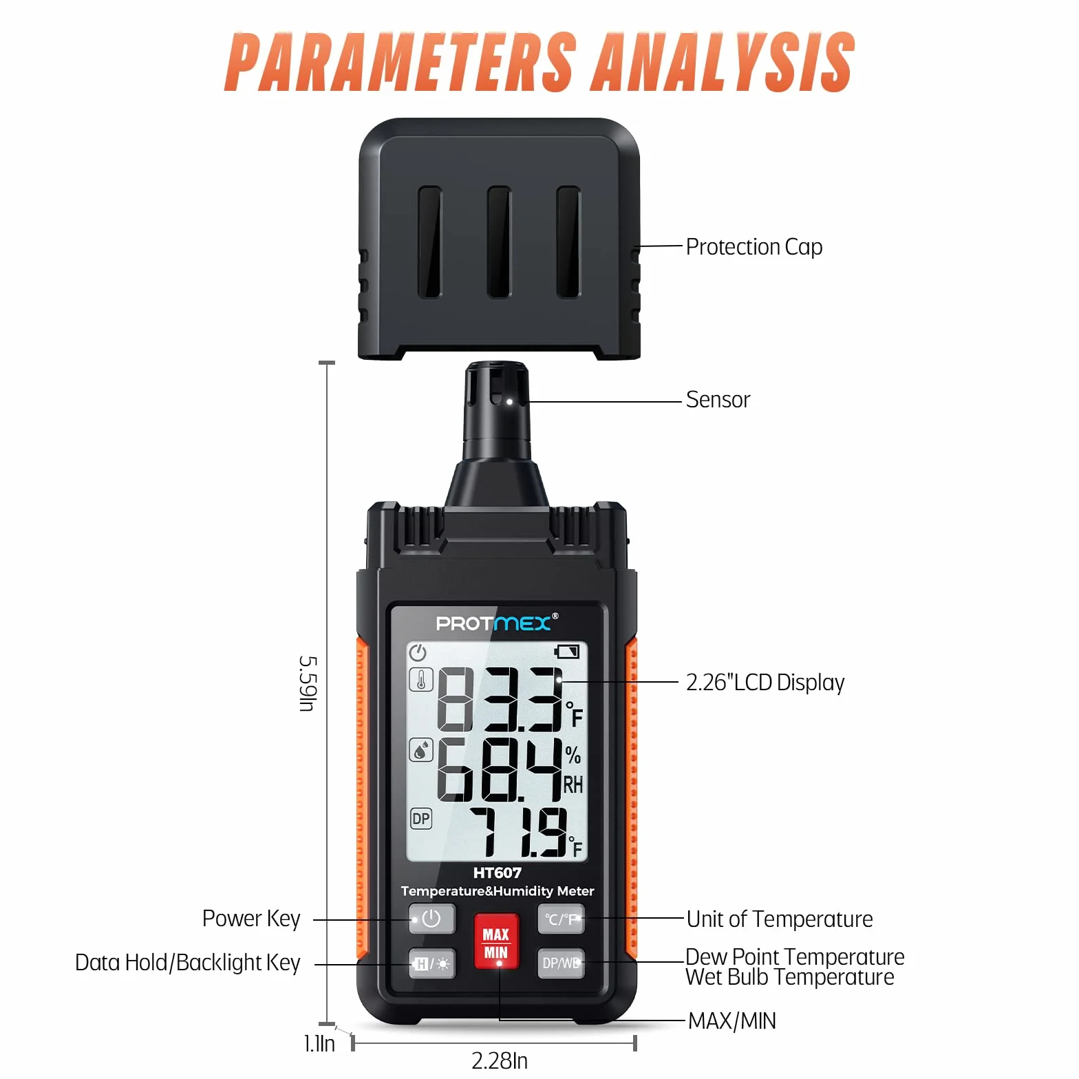Protmex HT607 Mini thermomètre hygromètre numérique haute précision avec hygromètre ambiant, humidité relative, point de rosée, thermomètre à ampoule humide, tenue min/maximale, rétroéclairage LCD