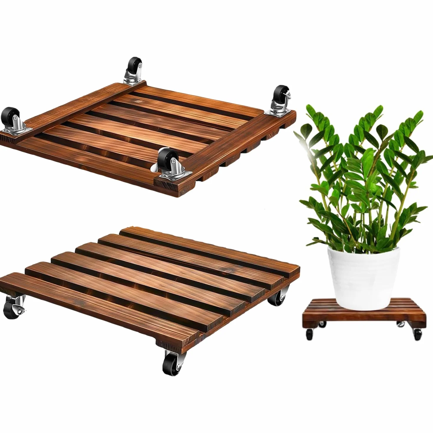 Lot de 2 roulettes pour plantes, pot de fleurs, soucoupe avec roues verrouillables 360°, planche à roulettes robuste en bois, résistant aux intempéries