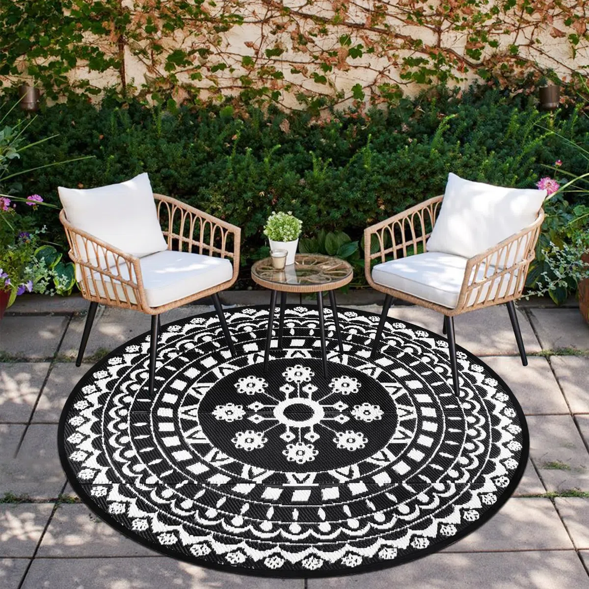 Capslpad Tapis rond extérieur réversible bohème paille plastique imperméable camping-car jardin balcon terrasse tente pique-nique plage camping sac transport