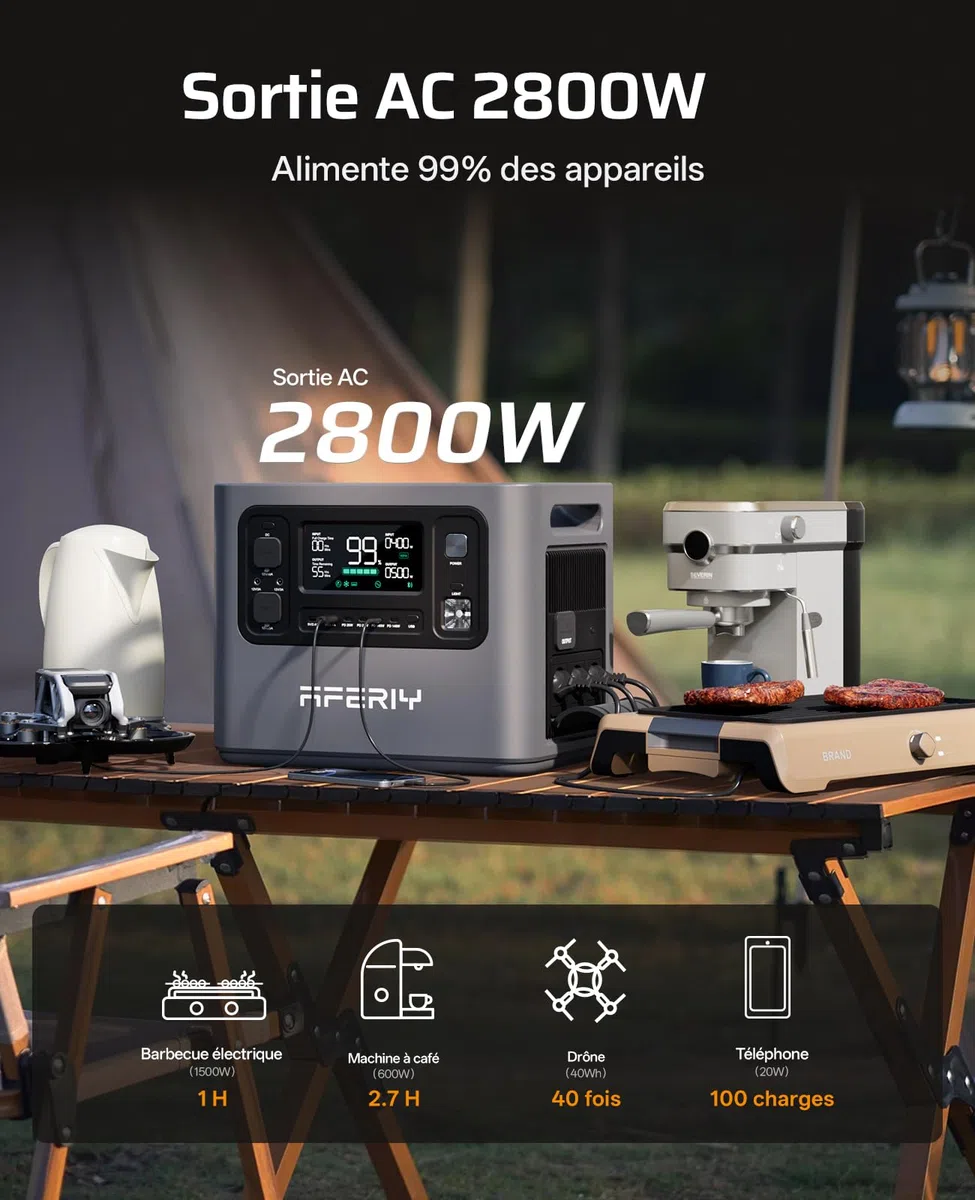 AFERIY P280 Station Electrique Portable 2800W, Batterie Nomade 2048Wh Extensible à 10,24kWh, Recharge Rapide 1,5H, 220V-240V, Generateur Electrique pour Usage Domestique/Camping-car/Panne de Courant