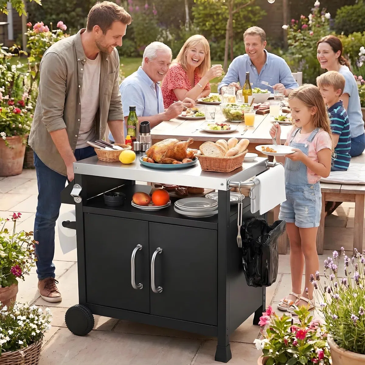 LIFERUN Chariot de Barbecue en Acier Inoxydable,Table de Barbecue avec Crochets, 2 roulettes et Armoire, Desserte Extérieure 3 Niveaux Plateau de Table INOX, Chariot BBQ pour Terrasse et Four à Pizza