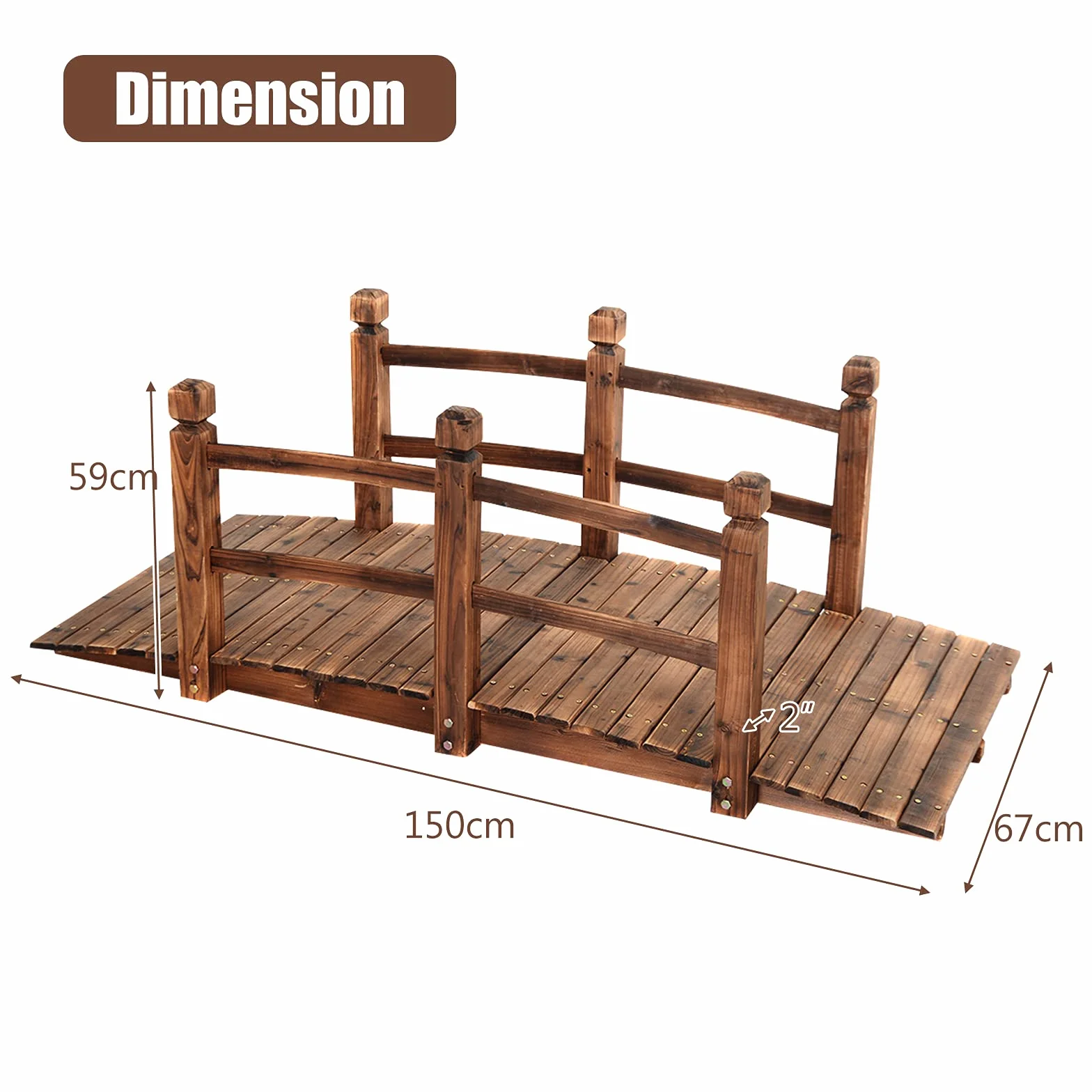 GOPLUS Pont en Bois Rustique et Massif avec Main Courante, Décoration de Jardin Pont d'Étang, Supporte de Poids Maximum 100 KG, 150 x 67 x 55CM (Brun)