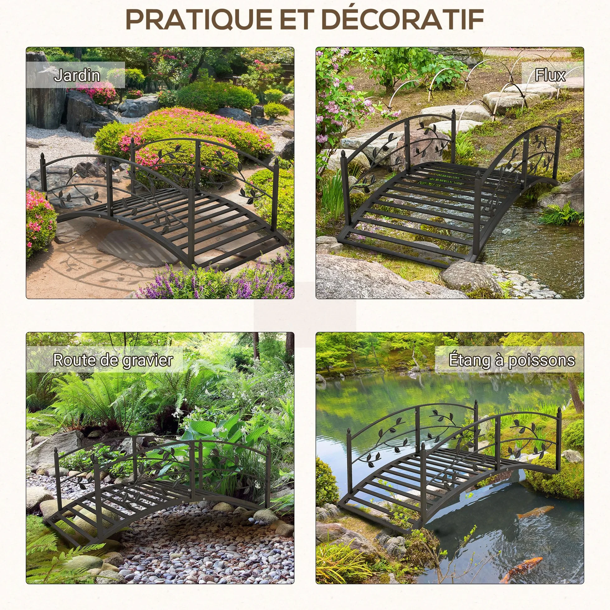 Outsunny Pont de Jardin - Pont de Bassin - décoration du Jardin dim. 119L x 67l x 47H cm avec Balustrade Motif de Vigne Acier Noir