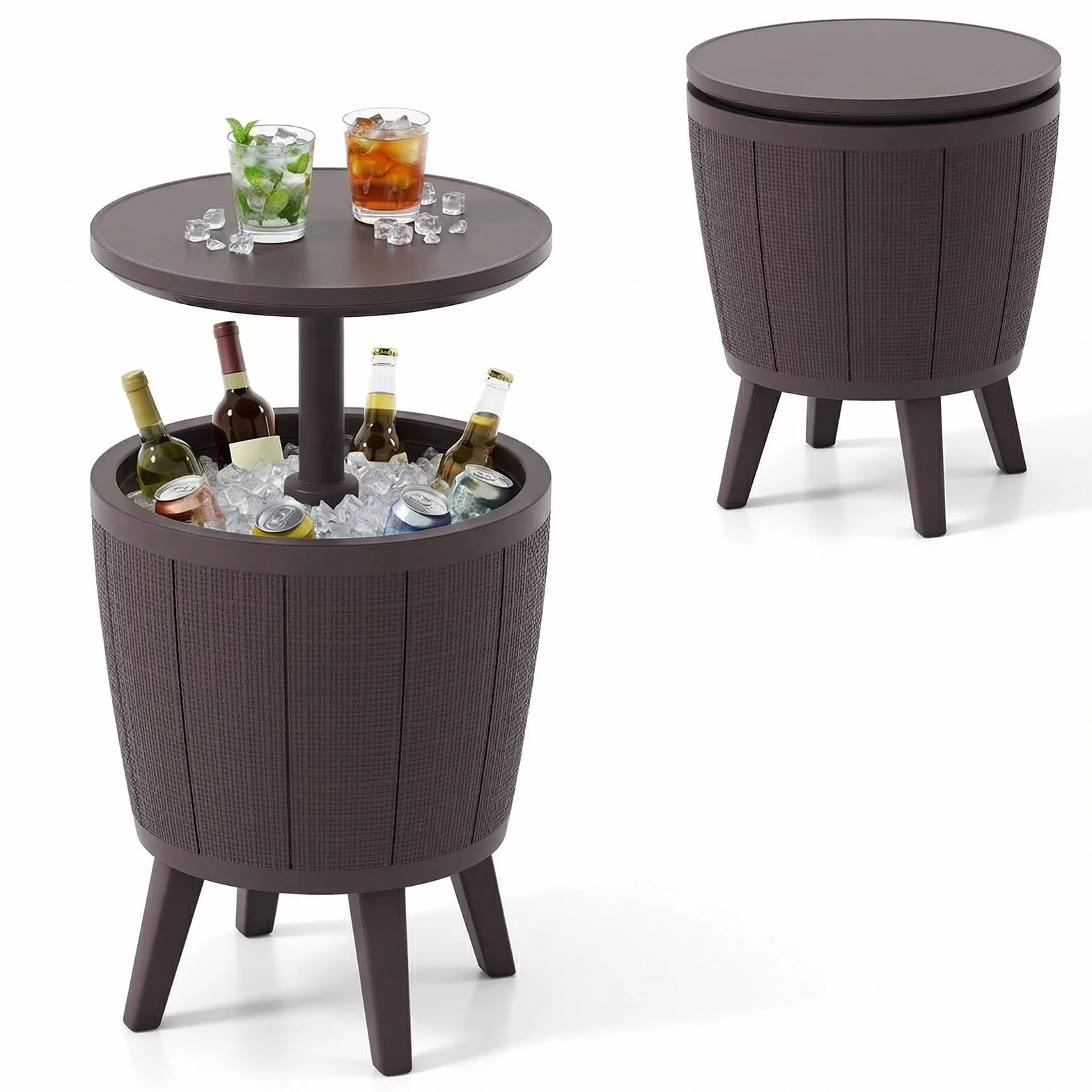 COSTWAY Table Glacière 38L 2 en 1 avec Plateau Relevable, Seau à Glace d'Extérieur avec Bouchon de Vidange, Ø 49 x 59/84 cm Marron